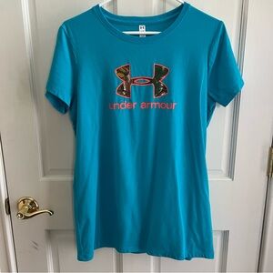 Womens UNDER ARMOUR Fitted HeatGear Hunting Logo Short Sleeve Top Size Large